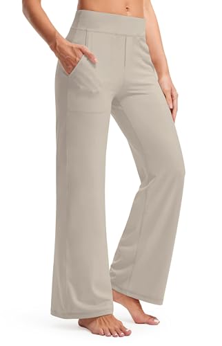 Timuspo Damen Jogginghose Hohe Taille Lockere Yoga Hosen Bequeme Gym Hose Lässig Weites Bein Yogapants Sporthose mit Taschen Khaki L von Timuspo