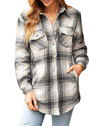 Timuspo Damen Karierte Flanelljacke Hemd Langarm Karierte Shacket Casual Tops mit Knöpfen und Taschen Grau Braun L von Timuspo