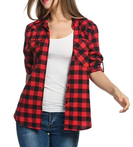 Timuspo Damen Kariertes Hemd mit Knopfleiste Langarm Oktoberfest Bluse Karo Tunika Baumwolle Tops Casual V-Ausschnitt Oberteile Rot/S von Timuspo