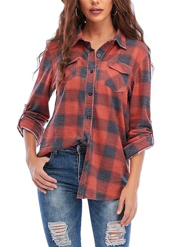 Timuspo Damen Kariertes Hemd mit Knopfleiste Langarm Oktoberfest Bluse Karo Tunika Baumwolle Tops Casual V-Ausschnitt Oberteile/M von Timuspo