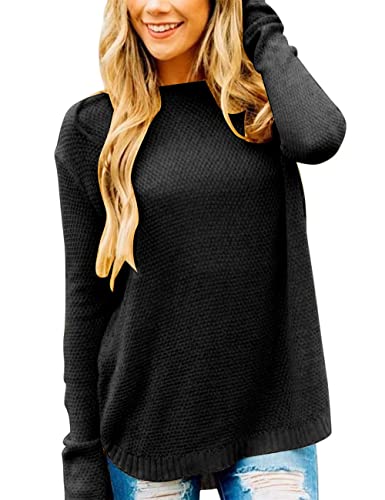 Timuspo Damen Langarm Rundhalsausschnitt Strickpullover Casual Schwarz Lockere Pullover Tops von Timuspo