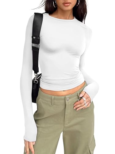 Timuspo Damen Langarmshirt Basic Tops Enges Oberteil Crop Tops Langarm T-Shirt Y2K Top Elegant Aesthetic Clothes Coole Klamotten Für Teenager Mädchen Weiß L von Timuspo