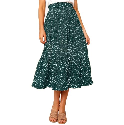 Timuspo Damen Maxi Rock Polka Dot Midirock Elegant Lang Skirt Elastische Taille Strandrock Casual Röcke Sommer Faltenrock mit 2 Taschen Grün XL von Timuspo