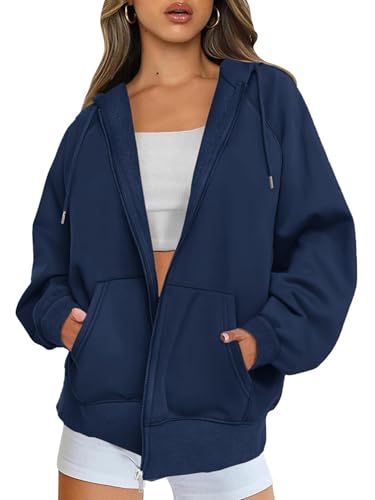 Timuspo Damen Oversize Sweatjacke Baumwolle Sweatshirt Herbst Hoodie Reißverschluss Marineblau S von Timuspo