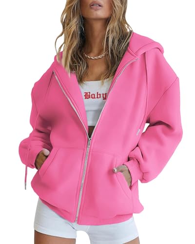 Timuspo Damen Oversize Zip Kapuzenpullover Sweatjacke Kapuzenjacke Herbst Winter Lang Hoodie Sweatshirt Mantel Pullover mit Kapuze und Taschen Kapuzenpulli Warm Oberteil Rosa XL von Timuspo