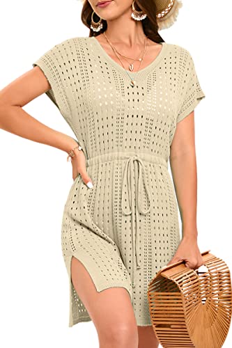 Timuspo Damen Sexy Gestricktes ausgehöhltes Strandkleid Sommer Kurzarm Krawatte Taille Seitenschlitz Bikini Cover Up von Timuspo