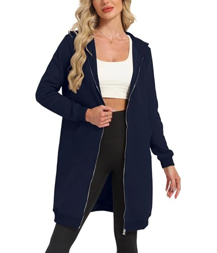 Timuspo Damen Sweatjacke Lang Hoodie Oversize mit Taschen Einfarbig Kapuzenjacke Bequem Kapuzenpullover Warm Kapuzenpulli Marineblau XL von Timuspo
