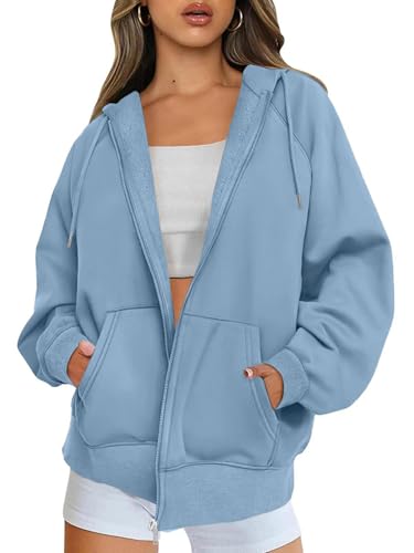Timuspo Damen Sweatjacke mit Kapuze Oversize Zip Hoodie Stylische Vintage Sweatshirt Blau M von Timuspo