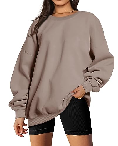 Timuspo Damen Sweatshirt Pullover, Langarm, Oversized, einfarbig, Langarmshirt, Baumwollmischung, klassischer Basic-Rundhalsausschnitt, Sport, Hellbraun, M von Timuspo