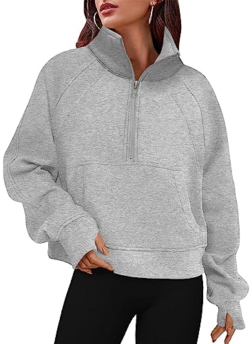 Timuspo Damen Sweatshirts Fleece gefüttert Halber Reißverschluss Crop Pullover Top Stehkragen Langarm Daumenloch Kängurutasche Sweatjacke Grau 8-10 von Timuspo