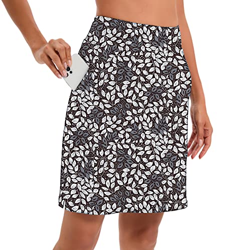 Timuspo Damen Tennisrock High Waist Tennis Skort mit Taschen Laufröcke Sport Golfrock mit Innenhose,Weißes Blatt,L von Timuspo