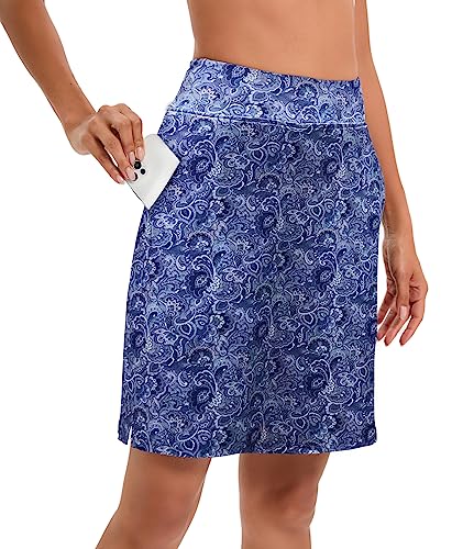 Timuspo Damen Wanderröcke mit Innenhose Knielange Hosenrock Sommer Tennis Sport Golf Skorts,Blaues Wellenmuster,S von Timuspo