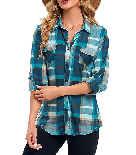 Timuspo Damen Weich Stretchy Plaid Shirts Roll Up Langarm Collared Button Down Blusen Türkis/XL von Timuspo