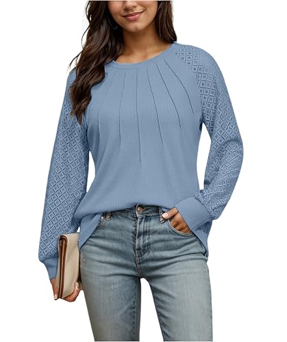 Timuspo Elegante Blusen Tunika Damen Waffelstrick Elegant Langarm Herbst Oberteil Große Größen Tshirts Rundhals Lässige Tops Blau XL von Timuspo