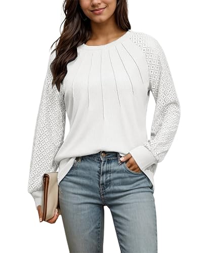 Timuspo Elegante Weiße Bluse Rundhals Langarm Lässige Modische Oberteile Waffelstrick Tunika Autumn Clothes Einfarbig Tshirts M von Timuspo