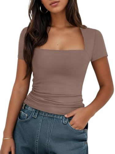 Timuspo Enges Oberteil Damen Kurzarm Slim Fit Basic Crop Top Eckiger Ausschnitt Y2K T Shirts Tops Sommer Einfarbig Streetwear Braun S von Timuspo