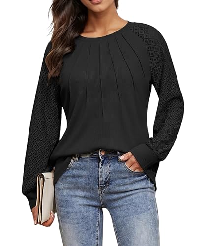 Timuspo Festliches Oberteil Damen Waffelstrick Schwarze Bluse Rundhals Mode Vorne Falten Shirts Langarmshirts Frühling Herbst Tops L von Timuspo