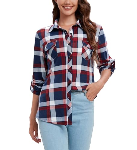 Timuspo Flanellhemd Damen Baumwolle Musselin Kariertes Casual V-Ausschnitt Oberteile Frauen Lang Tops Karierte Bluse Marineblau XL von Timuspo