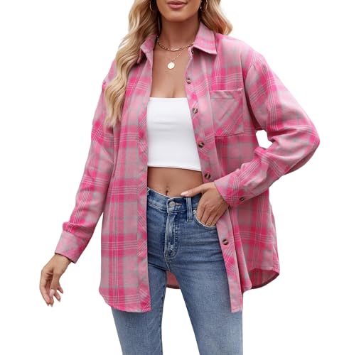 Timuspo Flanellhemd Damen Langarm Casual Rosa Karierte Bluse V-Ausschnitt Hemden Kariert Oberteile Baumwolle Hemdbluse S von Timuspo