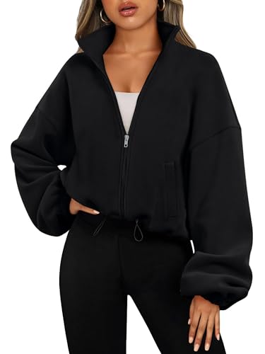 Timuspo Fleece Hoodie Damen Kordelzug Stehkragen Sweatjacke Einfarbig Kurze Jacke mit Reißverschluss Schwarz Langärmelig Fleecejacke Full Zip Crop Coat L von Timuspo