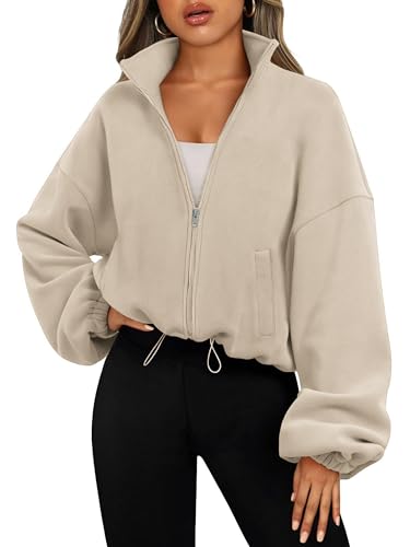 Timuspo Fleece Pullover Damen Warm Kordelzug Fleece-Jacke Kurze Hoodies Lounge Wear Herbst Winter Reißverschluss Crop Coat Sweatshirt Jacke Langarm Sweatjacke Ohne Kapuze Khaki L von Timuspo