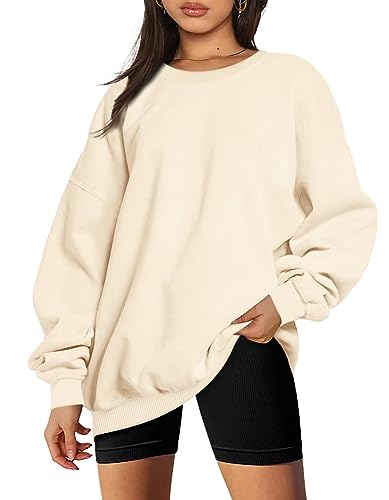 Timuspo Fleecepullover Oversize Pullover Langarm Rundhalsausschnitt Sweatshirt Tops Herbst Winter Longpullover für Damen, Aprikose, XL von Timuspo