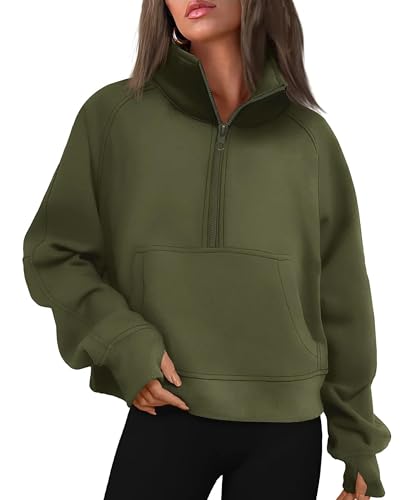 Timuspo Half Zip Pullover Damen Sweatjacke Crop Jacke Stehkragen Hoodie Cropped Langarm Sweatshirt mit Stehkragen Daumenloch Reißverschluss Armee-Grün S von Timuspo