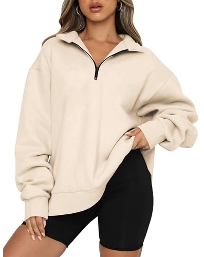 Timuspo Half Zip Up Pullover Damen Fallen Schulter Hoodie Y2K Fleece-Innenfutter Oversize Hoody Ohne Kapuze Sport Herbst Sweatshirt Aprikose L von Timuspo