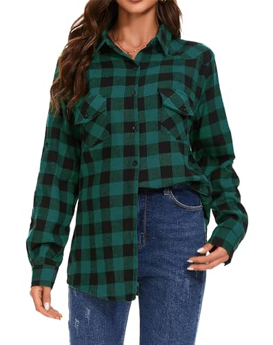 Timuspo Hemd Damen Kariertes mit Knopfleiste Flanell Langarm Hemden Lässiges Hemdbluse Oktoberfest Bluse Karo Tunika Baumwolle Oberteile Grün/S von Timuspo