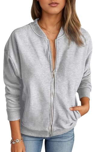 Timuspo Herbstjacke Damen Baumwolle Bequem Fleecejacken Rippbündchen-Sweatshirt Moderne Übergangsjacke Elegant mit Taschen Grau S von Timuspo