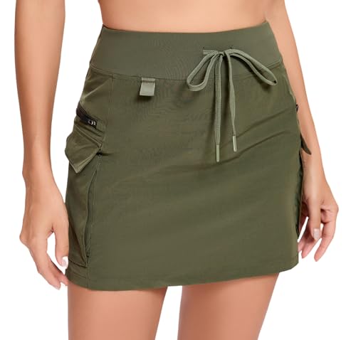 Timuspo Hohe Taille Skort A-Line Workout Rock mit Taschen Sommer Schnell Trocknende Sport Damen Röcke Armee-grün M von Timuspo