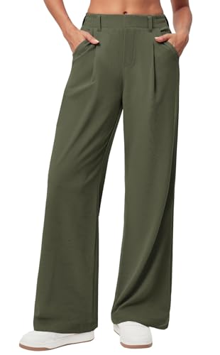 Timuspo Hohe Taille Stoffhose Damen Herbst Lässig Locker Anzughose Elastischer Bund Hose Elegant Freizeithose mit Weitem Beinschnitt Armee-grün M von Timuspo