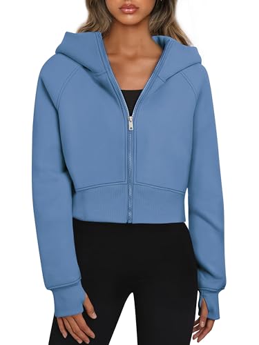Timuspo Hoodie Damen Kurz Kapuzenjacke Fleece-Innenfutter Herbst Outfit Full-Zip Y2k Baumwolle Kapuzenpullover mit Kängurutaschen Blau XL von Timuspo