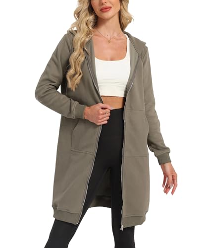 Timuspo Hoodie Damen Long Reißverschluss Einfarbig Damen-Jacke Sweatjacke Oversize Winterjacke Lang Sport Herbst Winter Hellbraun M von Timuspo
