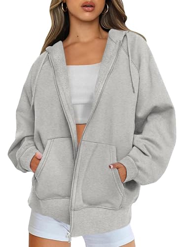 Timuspo Hoodie Damen Reißverschluss Oversize Sport Sweatjacke Einfarbig Fleece Jacke Herbst Basic Pullover Baumwolle Sweatshirt Grau XL von Timuspo