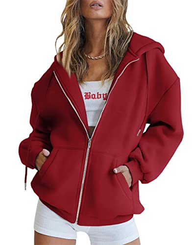 Timuspo Hoodie Damen Sweatjacke 2024 Kapuzenjacke Herbst Winter Lang Sweatshirt Kapuzenpullover mit Kapuze Reißverschluss Mantel Oversize Pullover Entspannt Oberteile Rot M von Timuspo