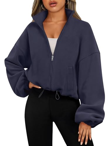 Timuspo Hoodie Jacke Sweatjacke Damen Kurze Fleecejacke Ohne Kapuze Kordelzug am Saum mit Durchgehendem Reißverschluss Classic Herbst Jacken Sweatshirt Marineblau L von Timuspo