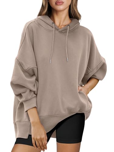 Timuspo Hoodies für Damen Basic Casual Pullover Oversize Langarm Frühling Autumn Sweatshirt mit Kapuze Streetwear Oberteil Hellbraun M von Timuspo