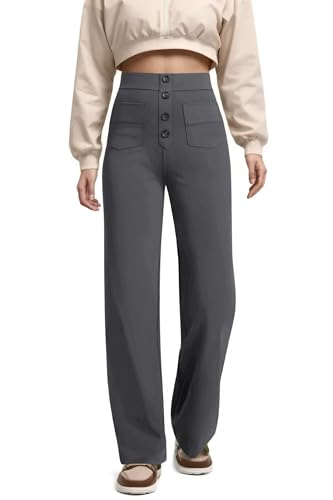 Timuspo Hose Damen Elegant mit Mehrere Taschen Yoga Pants Geradem Bein Weite Hosen Trendig Casual Stoffhose Herbst Tief Grau L von Timuspo