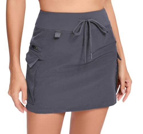 Timuspo Hosenrock Damen Schnelltrocknend Sportrock mit Hose Hohe Taille Skort mit Taschen Röcke Sommer Grau XL von Timuspo