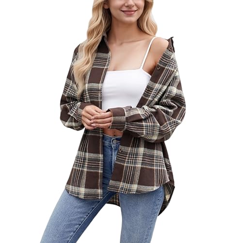 Timuspo Karohemd Damen Lang Baumwolle Flanellbluse V-Ausschnitt Hemdbluse Kariert Karo Tunika Cowboy Oktoberfest Oberteile Braun S von Timuspo
