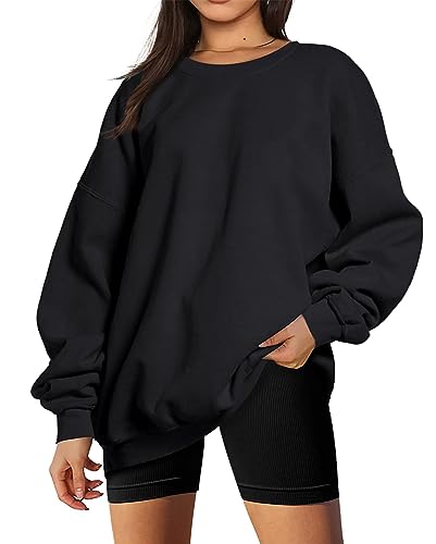 Timuspo Pullover Damen Oversize Langarm Fleece Rundhals Sport Streetwear Sweatshirts Herbst Winter Frauen Locker Casual Oberteile Schwarz L von Timuspo