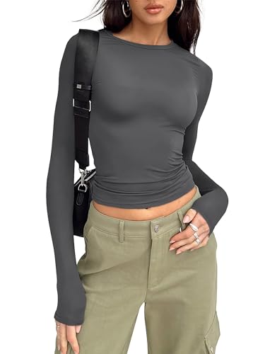 Timuspo Langarmshirt Eng Oberteil Crop Top Y2K Basic Shirt Damen Slim Fit Elegante Cropped Pullover Aesthetic Clothes Tief Grau XL von Timuspo