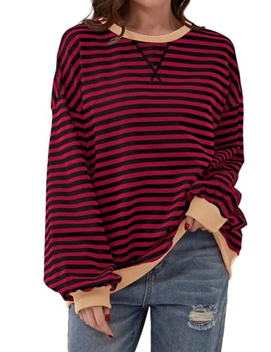 Timuspo Lange Pullover Oversize Y2k Sweatshirt Gestreift Color Block Oberteile für Damen Baumwolle Ohne Kapuze Loose Fit Rundhals Herbst Shirt Rot Streifenshirt L von Timuspo