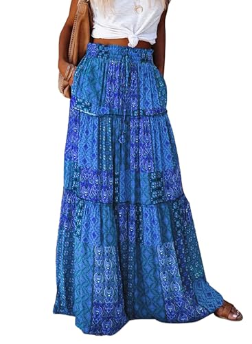 Timuspo Langer Luftiger Rock Damen A-Linie Sommerrock Hohe Taille Sommer Lang Maxirock mit Taschen Boho Freizeitrock Strandrock Boho-Dunkelblau S von Timuspo