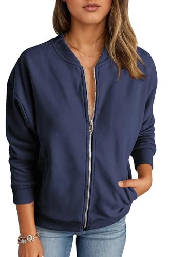 Timuspo Lockere Jacke Damen Langarm Reißverschluss Sweatjacke Baumwolle Einfarbige Herbstjacke Elegant Bequem Sweatshirt Marineblau L von Timuspo