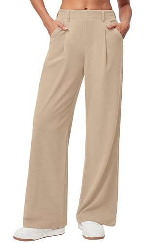 Timuspo Marlenehose Damen Business Casual Culotte-Hose Weite Hose Sommer Frühling Sommer Stoffhose mit 2 Taschen Khaki L von Timuspo
