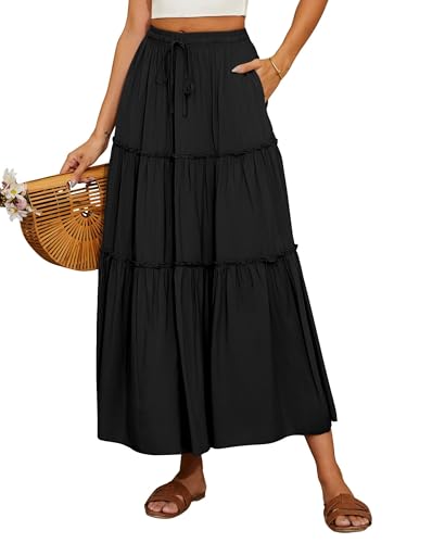 Timuspo Maxirock Damen Einfarbig Boho Rock Lang A-Linie Sommer Midirock Schwarz Swing Midi Skirt Leicht und Atmungsaktiv Strandrock Freizeitrock mit Taschen XL von Timuspo