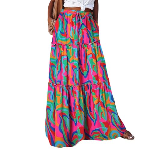 Timuspo Maxirock Damen Elegant Boho Lange Röcke Hohe Taille A Linien Rock Casual Stufenrock Lang Sommer Atmungsaktiv Plisseerock mit Tasche Farbenfroh XL von Timuspo