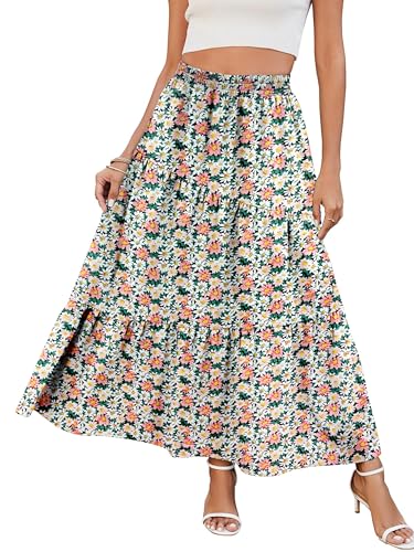 Timuspo Maxirock Damen Lang Lässig Plissiert Sommerröcke mit Taschen Rock Sommer Hohe Taille A Linie Strandrock Maxi Skirt Blume Rosa Weiß S von Timuspo